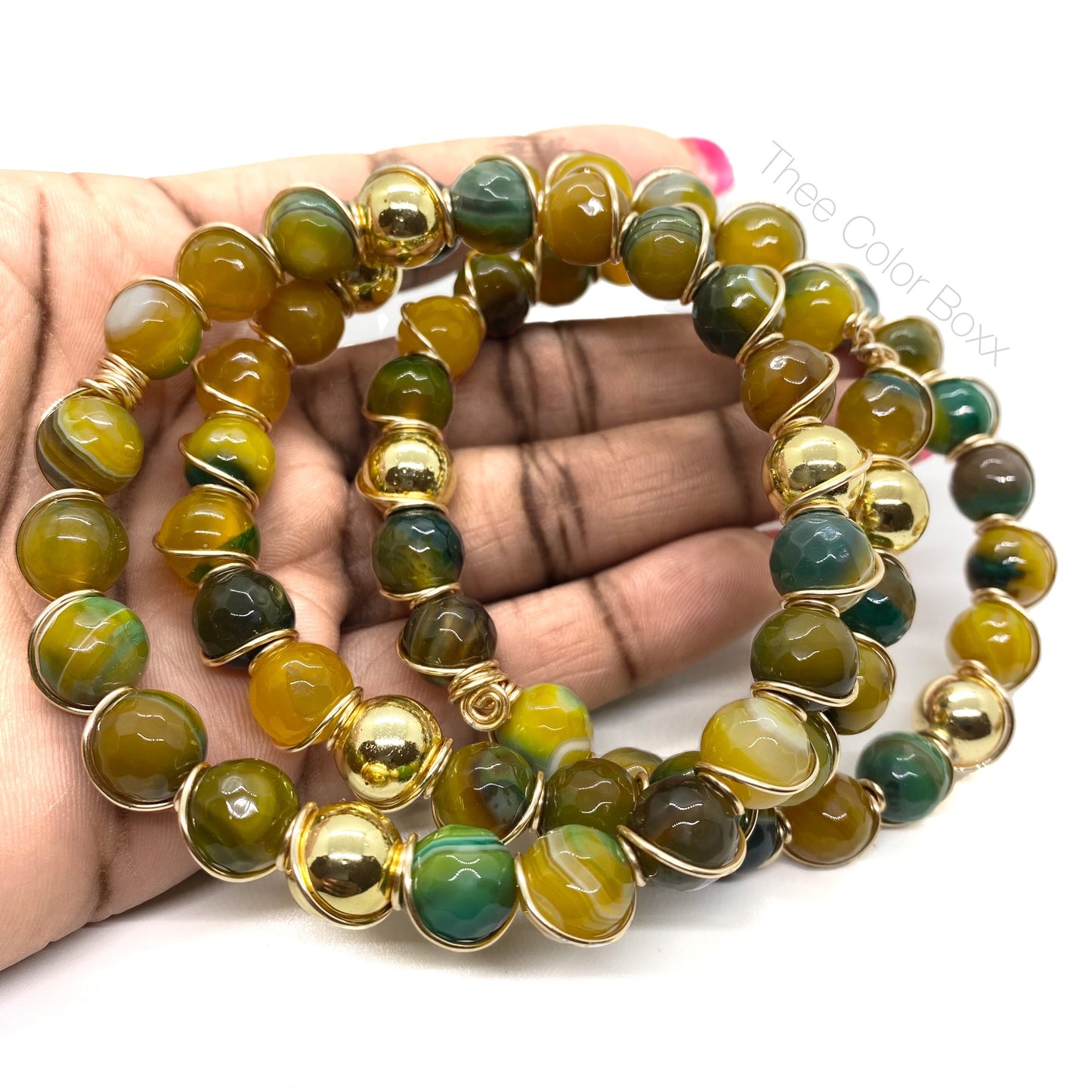 'Yellow and Green Agate' Wire Bangle Set