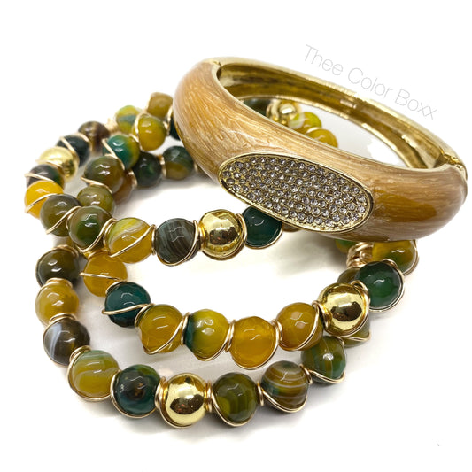 'Yellow and Green Agate' Wire Bangle Set